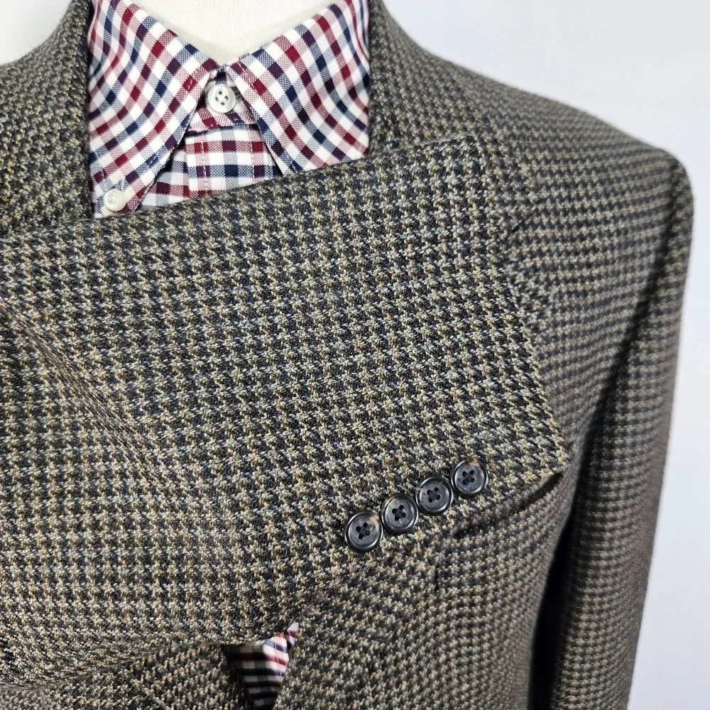 VTG RBM Men's Sport Coat Blazer Three Button Brown Houndstooth Lambs Wool 42R